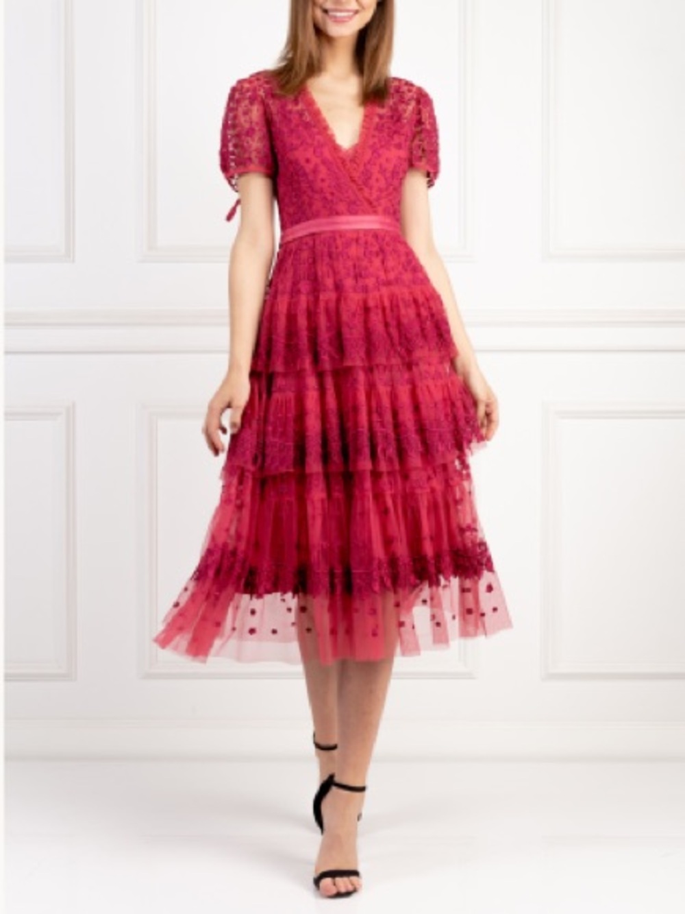Needle & Thread Raspberry Pink Tulle Embroidered Tiered Midi Dress Size 4